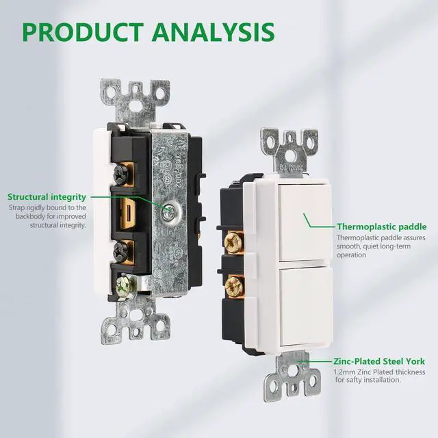 Alt view image 5 of 7 - (2-Pack) Combination Rocker Switch and Receptacle, 15 Amp 120V, Single Pole Light Switch with Duplex Outlet, Wall Plate Included, UL Listed, Space-Saving Design for Bathroom & Kitchen, White