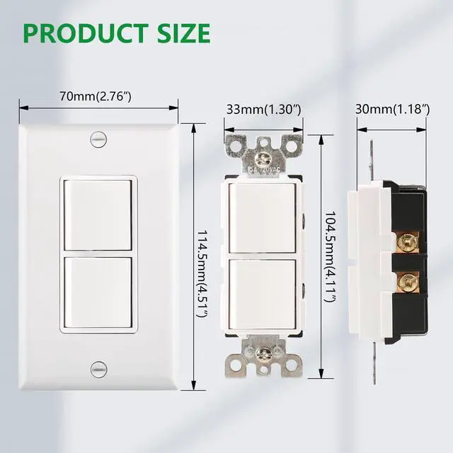 Alt view image 7 of 7 - (2-Pack) Combination Rocker Switch and Receptacle, 15 Amp 120V, Single Pole Light Switch with Duplex Outlet, Wall Plate Included, UL Listed, Space-Saving Design for Bathroom & Kitchen, White