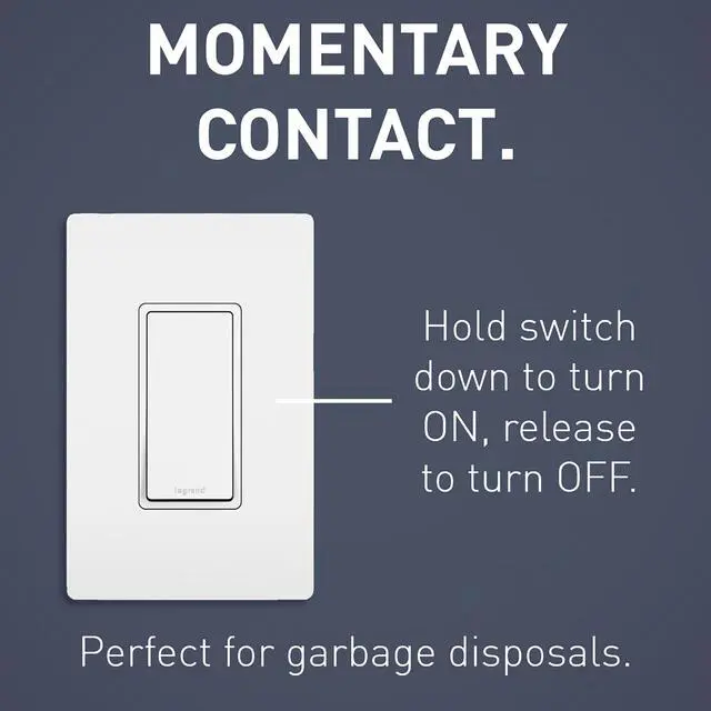 Alt view image 2 of 7 - Legrand radiant TM870STMWCC10 15 Amp Garbage Disposal Rocker Wall Switch, Single Pole Momentary Contact Decorator Light Switches, White (1 Count)