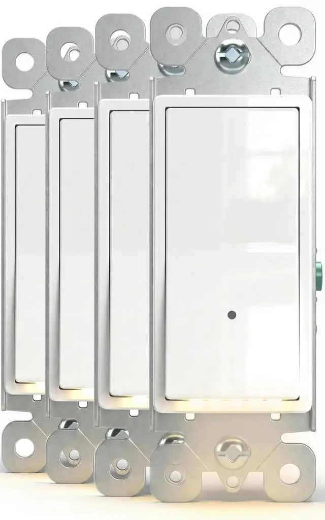 Main image of Illuminated-Light-Switch with Night Light, No Neutral Wire, Single-Pole Decorator Rocker Switch, Dusk to Dawn LED Guide Light for Hallway Bathroom Stairs, 15A 120/277V, White, 4 Pack