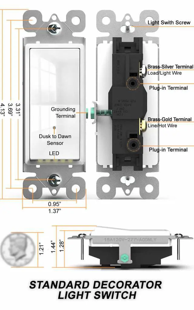 Alt view image 7 of 7 - Illuminated-Light-Switch with Night Light, No Neutral Wire, Single-Pole Decorator Rocker Switch, Dusk to Dawn LED Guide Light for Hallway Bathroom Stairs, 15A 120/277V, White, 4 Pack