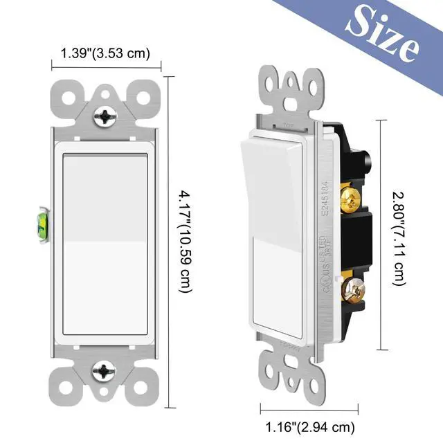 Alt view image 2 of 3 - 2PK 15Amp Single Pole Rocker Interrupter Decorative Light Switches, 120-277V, Decorator Paddle Rocker Switch (UL Listed, White)