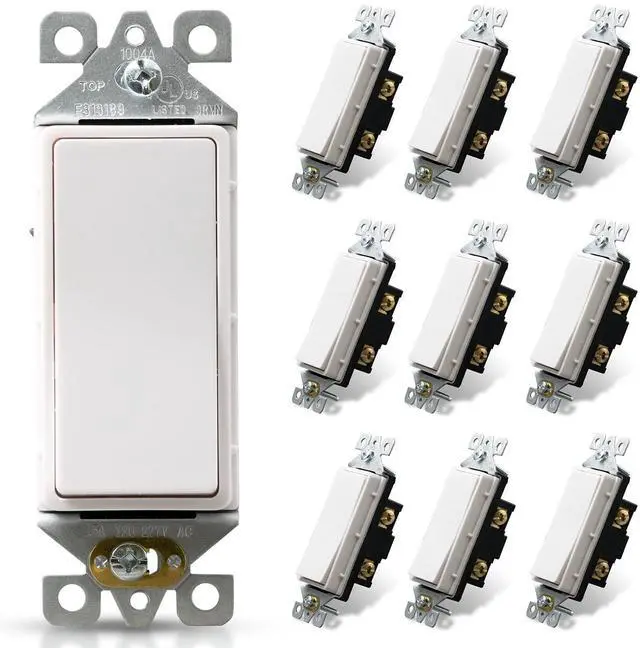 Main image of Glossy White Single Pole Decorator Light Switch, 15Amp, 120-277V, Decorative Paddle Rocker Switch Replacement, On/Off Wall Switch, Self-Grounding, Residential/Commercial Grade, 10 Pack, UL/CUL,