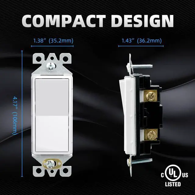Alt view image 7 of 7 - Glossy White Single Pole Decorator Light Switch, 15Amp, 120-277V, Decorative Paddle Rocker Switch Replacement, On/Off Wall Switch, Self-Grounding, Residential/Commercial Grade, 10 Pack, UL/CUL,