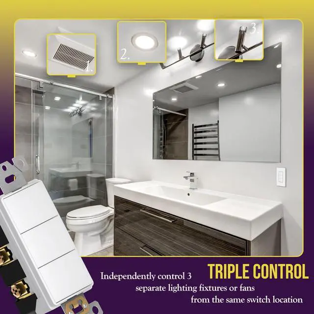 Alt view image 2 of 7 - Triple Paddle Rocker Combination Decorator Switch, Ground terminal, Clamp-Type Back Insert Wiring, Copper Only, Single Pole, Residential Grade, 15A 120V-277V, 62755-W, White