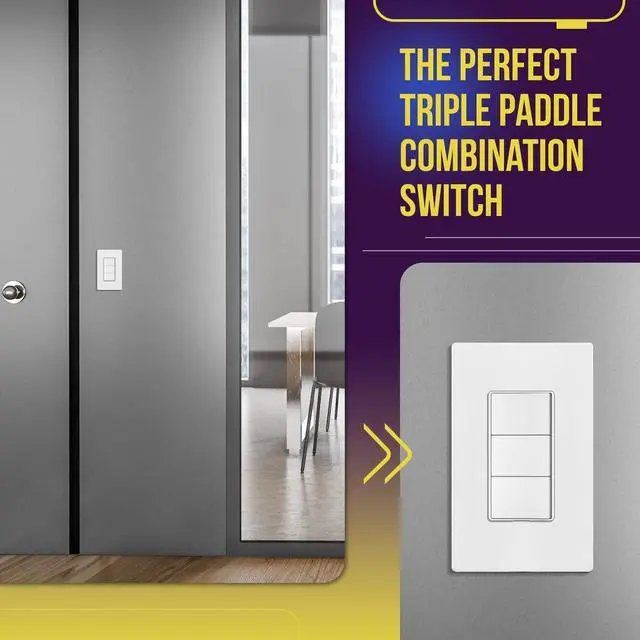 Alt view image 3 of 7 - Triple Paddle Rocker Combination Decorator Switch, Ground terminal, Clamp-Type Back Insert Wiring, Copper Only, Single Pole, Residential Grade, 15A 120V-277V, 62755-W, White