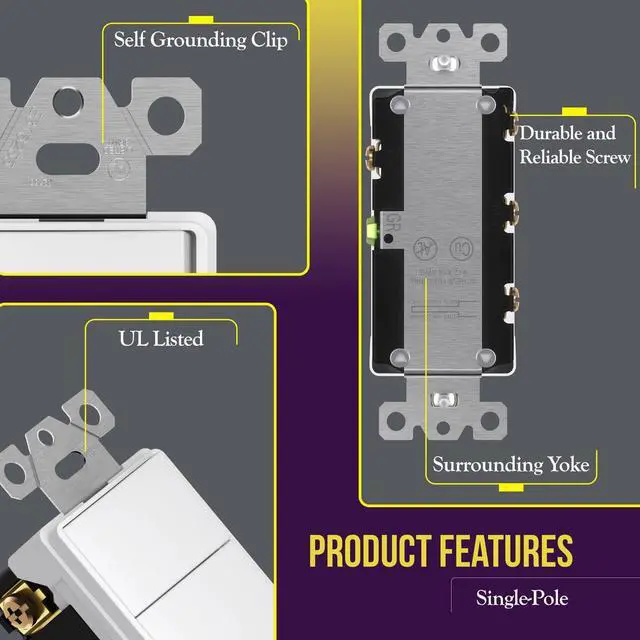 Alt view image 4 of 7 - Triple Paddle Rocker Combination Decorator Switch, Ground terminal, Clamp-Type Back Insert Wiring, Copper Only, Single Pole, Residential Grade, 15A 120V-277V, 62755-W, White
