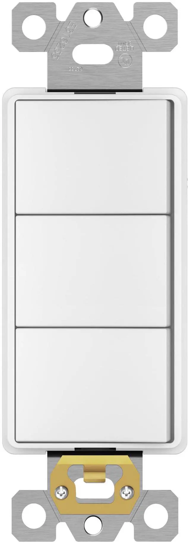 Main image of Triple Paddle Rocker Combination Decorator Switch, Ground terminal, Clamp-Type Back Insert Wiring, Copper Only, Single Pole, Residential Grade, 15A 120V-277V, 62755-W, White