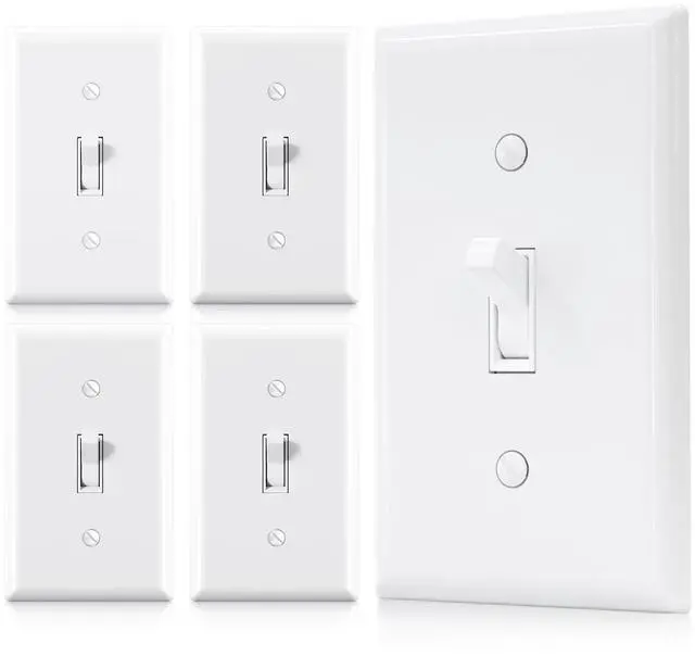 Main image of Single Pole Toggle Light Switch with Plate, 15 Amp, 120 Volt, Quiet Switch, in Wall On/Off, Self-Grounding, Residential and Commercial Grade, UL (5 Pack, Glossy White)