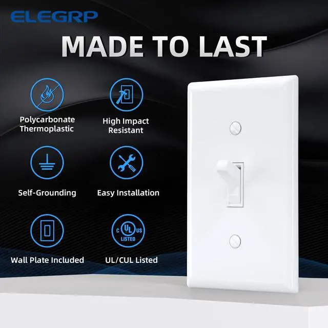 Alt view image 2 of 7 - Single Pole Toggle Light Switch with Plate, 15 Amp, 120 Volt, Quiet Switch, in Wall On/Off, Self-Grounding, Residential and Commercial Grade, UL (5 Pack, Glossy White)
