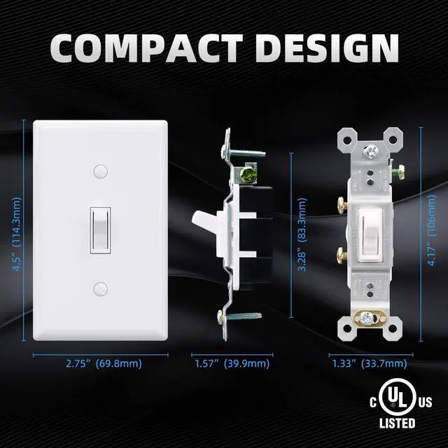 Alt view image 4 of 7 - Single Pole Toggle Light Switch with Plate, 15 Amp, 120 Volt, Quiet Switch, in Wall On/Off, Self-Grounding, Residential and Commercial Grade, UL (5 Pack, Glossy White)