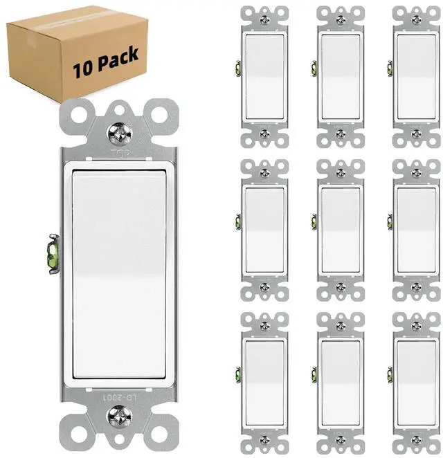 Main image of Single Pole Decorator Wall Light Switch Residential Grade Paddle Rocker Interrupter, 3 Wires Grounding Screw 15A 120V/277V UL Listed (10Pack)
