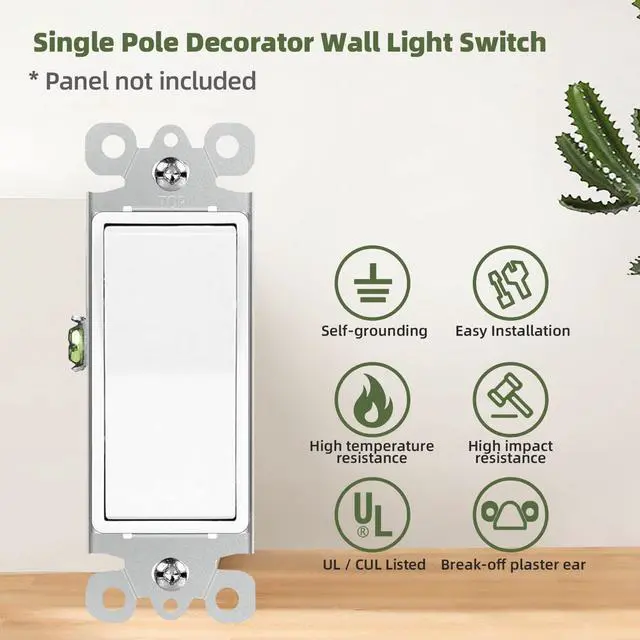 Alt view image 2 of 7 - Single Pole Decorator Wall Light Switch Residential Grade Paddle Rocker Interrupter, 3 Wires Grounding Screw 15A 120V/277V UL Listed (10Pack)