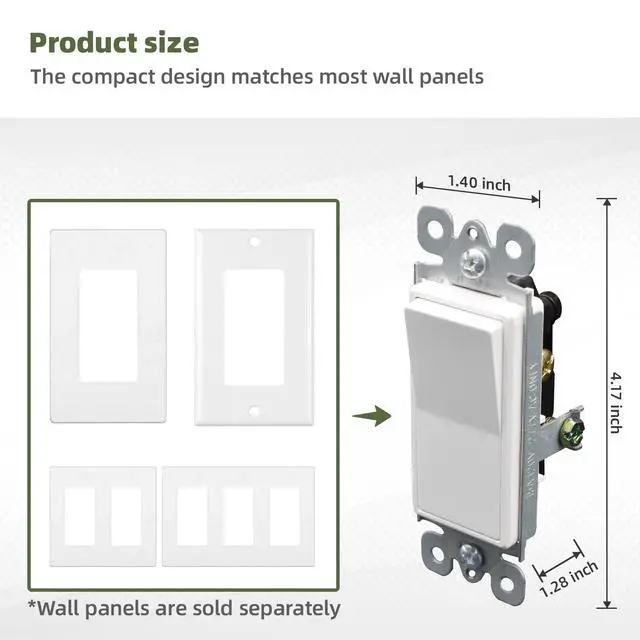 Alt view image 3 of 7 - Single Pole Decorator Wall Light Switch Residential Grade Paddle Rocker Interrupter, 3 Wires Grounding Screw 15A 120V/277V UL Listed (10Pack)