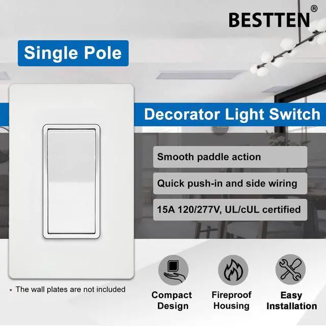 Alt view image 5 of 7 - 20 Pack Single Pole Decorator Light Switch with Wallplate, 15A 120/277V, Rocker Paddle Wall Switch, On/Off Interrupter for LED and Other Lamps, UL Listed, White