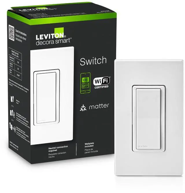 Main image of Decora Smart Switch, Wi-Fi, Works with Matter, Alexa, Google Assistant, Apple Home/Siri & Wired or Wirefree 3-Way, Neutral Wire Required, D315S-1RW, White