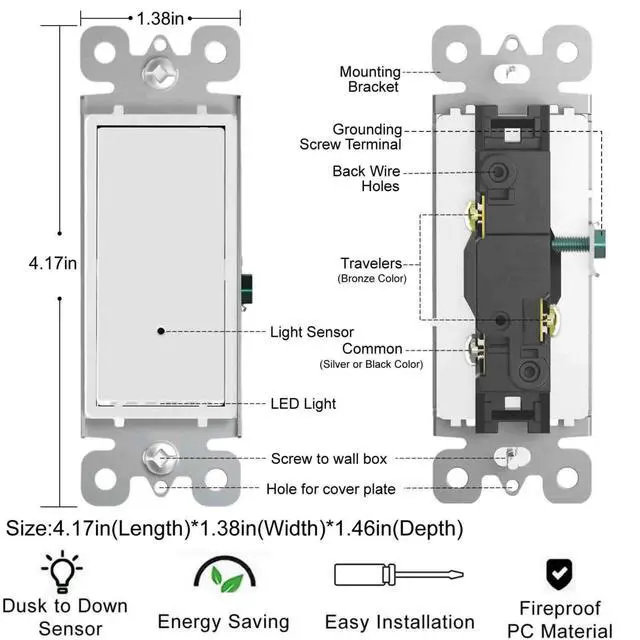 Alt view image 6 of 7 - 4Pack 3 Way Light Switch with LED Night Light 15Amp 120/277Volt,Three Way Wall Switch, Automatic On/Off Sensor, White