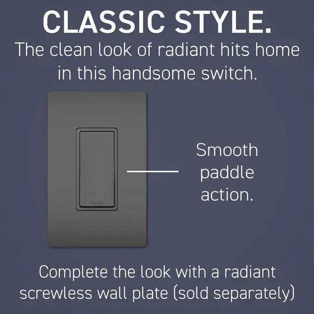 Alt view image 4 of 7 - Legrand Radiant 15 Amp Rocker Wall Switch, Single Pole Modern Decorator Light Switches, Black, Without Wall Plate, TM870BKCC10 (1 Pack)