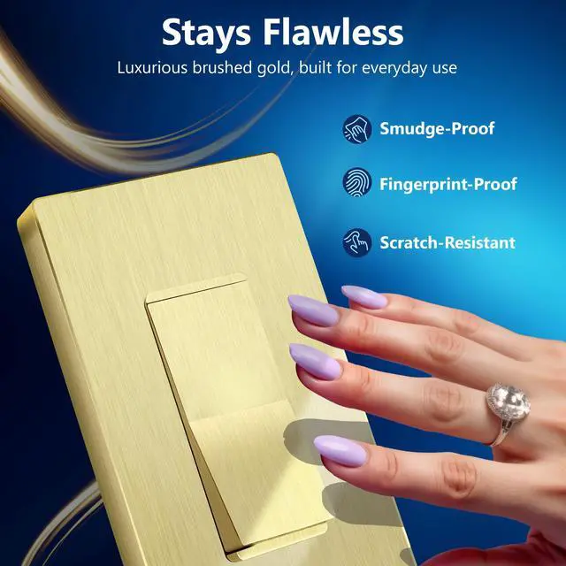 Alt view image 2 of 7 - Frameless Paddle Wall Light Switch, 3 Wire, 15A -277VAC, Brushed Gold