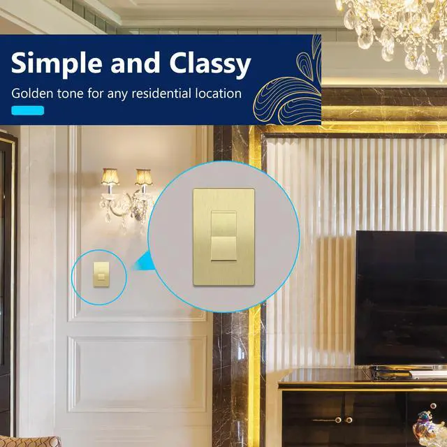Alt view image 5 of 7 - Frameless Paddle Wall Light Switch, 3 Wire, 15A -277VAC, Brushed Gold