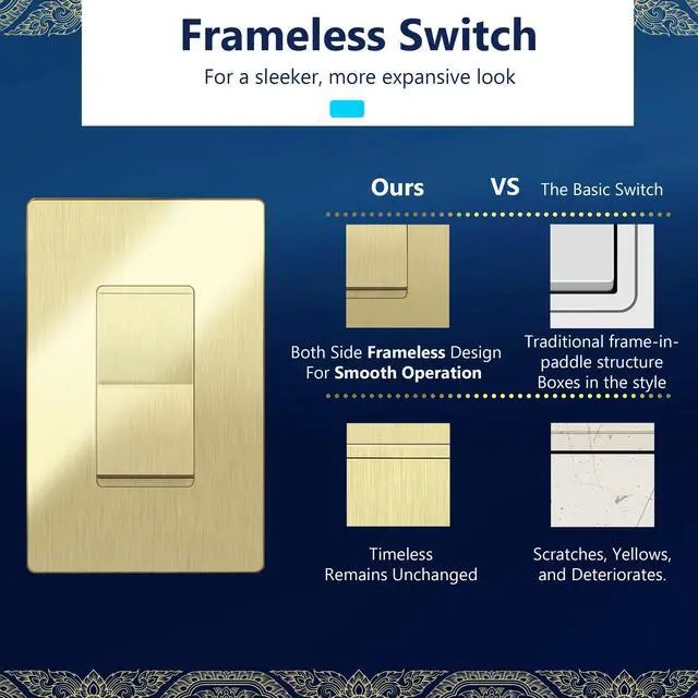 Alt view image 4 of 7 - Frameless Paddle Wall Light Switch, 3 Wire, 15A -277VAC, Brushed Gold