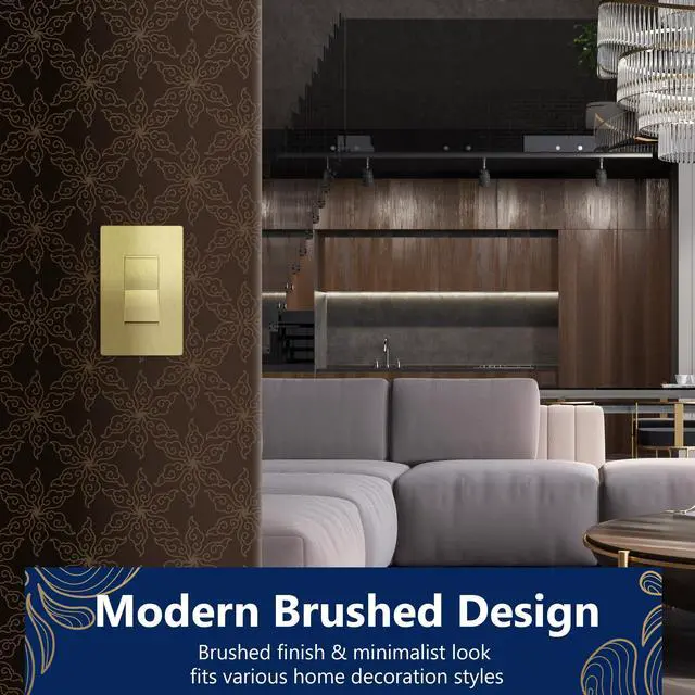 Alt view image 6 of 7 - Frameless Paddle Wall Light Switch, 3 Wire, 15A -277VAC, Brushed Gold