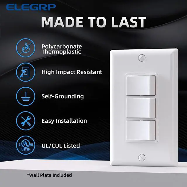Alt view image 2 of 7 - Decorator Triple Rocker Light Switch, Three Single Pole Electrical Paddle Switch, 15A 120V, in-Wall On/Off Switch, Self-grounding, Wall Plate is Included, UL Listed (1 Pack, Glossy White)