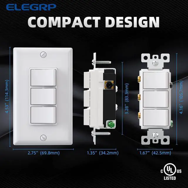 Alt view image 5 of 7 - Decorator Triple Rocker Light Switch, Three Single Pole Electrical Paddle Switch, 15A 120V, in-Wall On/Off Switch, Self-grounding, Wall Plate is Included, UL Listed (1 Pack, Glossy White)