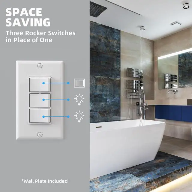 Alt view image 7 of 7 - Decorator Triple Rocker Light Switch, Three Single Pole Electrical Paddle Switch, 15A 120V, in-Wall On/Off Switch, Self-grounding, Wall Plate is Included, UL Listed (1 Pack, Glossy White)