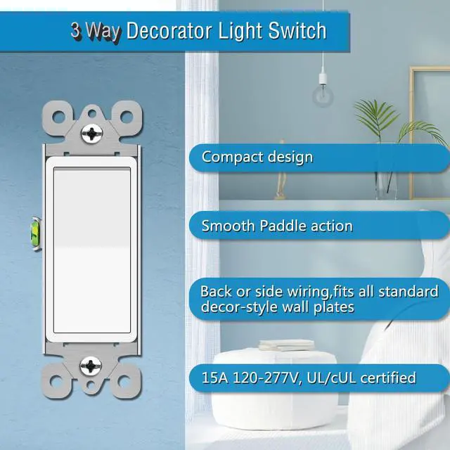 Alt view image 3 of 7 - 3 Way Switch White, 4 Pack Three Way/Single Pole Light Switch Rocker Switches 15A 120/277V, On/Off Rocker Paddle Interrupter, Residential/Commercial Grade,Home & Office,UL/CUL