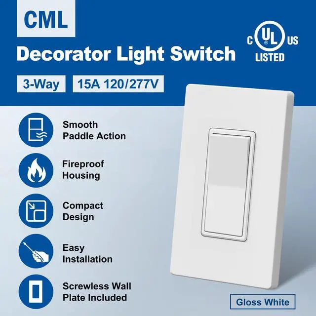 Alt view image 2 of 7 - 3 Way Decorator Light Switch with Screwless Wall Plate, 10 Pack