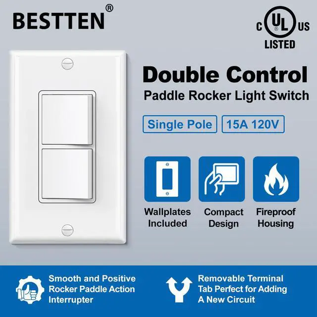 Alt view image 2 of 7 - 2PK Double Rocker Light Switch, Single Pole Combination Interrupter