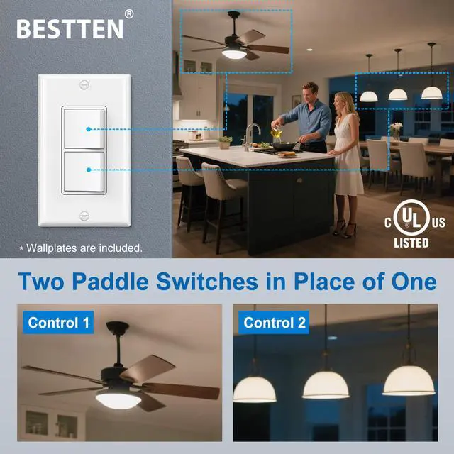 Alt view image 3 of 7 - 2PK Double Rocker Light Switch, Single Pole Combination Interrupter