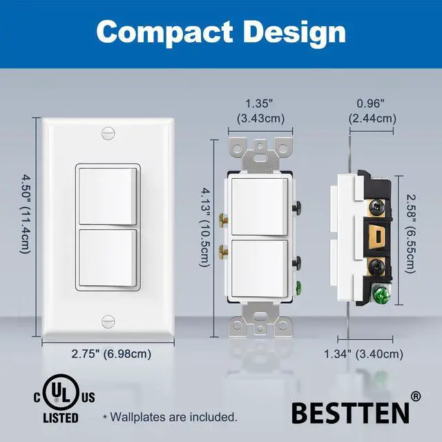Alt view image 5 of 7 - 2PK Double Rocker Light Switch, Single Pole Combination Interrupter