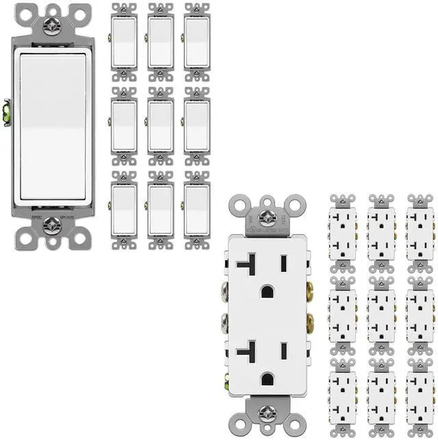 Main image of (10 Pack) Single-Pole Decorator Wall Light Switch and (10 Pack) 20 Amp Decorator Wall Receptacle Outlet
