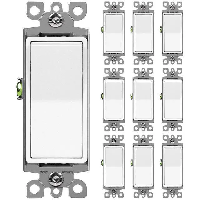 Alt view image 2 of 7 - (10 Pack) Single-Pole Decorator Wall Light Switch and (10 Pack) 20 Amp Decorator Wall Receptacle Outlet