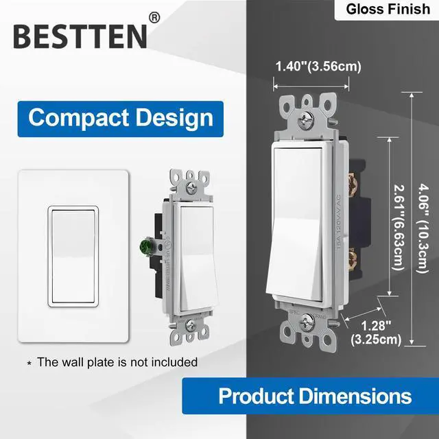 Alt view image 6 of 7 - (10 Pack) Single-Pole Decorator Wall Light Switch and (10 Pack) 20 Amp Decorator Wall Receptacle Outlet