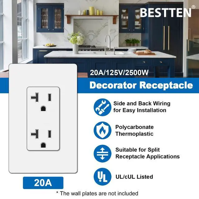 Alt view image 7 of 7 - (10 Pack) Single-Pole Decorator Wall Light Switch and (10 Pack) 20 Amp Decorator Wall Receptacle Outlet