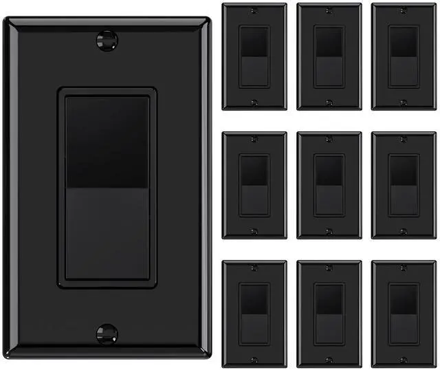 Main image of Single Pole Rocker Decorator Light Switch, 15 Amp Self-grounding Electrical Light Switches, Wall Plate Included, Residential Grade, UL Listed (10 Pack, Glossy Black)