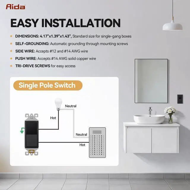Alt view image 4 of 7 - Single Pole Rocker Decorator Light Switch, 15 Amp Self-grounding Electrical Light Switches, Wall Plate Included, Residential Grade, UL Listed (10 Pack, Glossy Black)