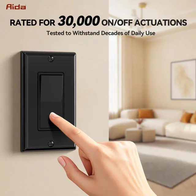 Alt view image 3 of 7 - Single Pole Rocker Decorator Light Switch, 15 Amp Self-grounding Electrical Light Switches, Wall Plate Included, Residential Grade, UL Listed (10 Pack, Glossy Black)