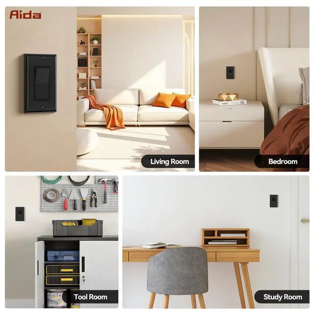 Alt view image 6 of 7 - Single Pole Rocker Decorator Light Switch, 15 Amp Self-grounding Electrical Light Switches, Wall Plate Included, Residential Grade, UL Listed (10 Pack, Glossy Black)
