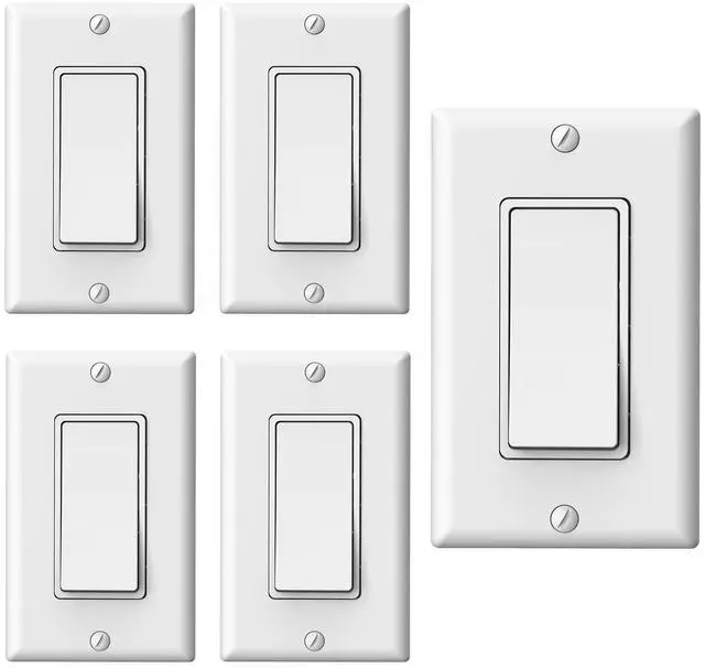 Main image of Matte White Single Pole Decorator Light Switch, 15A 120-277V, Paddle Rocker Replacement, On/Off Wall Switch, Self-Grounding, Residential Grade, Screw Wall Plate, UL/CUL (5 Pack)