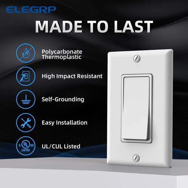 Alt view image 2 of 5 - Matte White Single Pole Decorator Light Switch, 15A 120-277V, Paddle Rocker Replacement, On/Off Wall Switch, Self-Grounding, Residential Grade, Screw Wall Plate, UL/CUL (5 Pack)