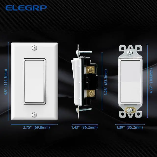 Alt view image 4 of 5 - Matte White Single Pole Decorator Light Switch, 15A 120-277V, Paddle Rocker Replacement, On/Off Wall Switch, Self-Grounding, Residential Grade, Screw Wall Plate, UL/CUL (5 Pack)