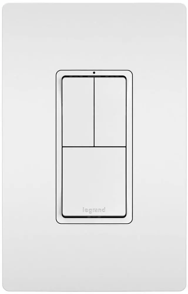 Main image of Legrand Radiant RCD113WCC6 15 Amp Combination 3-in-1 Decorator Rocker Light Switch, Two Single Pole Switches and One 3-Way Switch, White with Screwless Wall Plate (1 Count)
