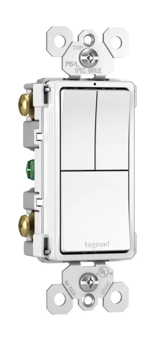 Alt view image 3 of 7 - Legrand Radiant RCD113WCC6 15 Amp Combination 3-in-1 Decorator Rocker Light Switch, Two Single Pole Switches and One 3-Way Switch, White with Screwless Wall Plate (1 Count)