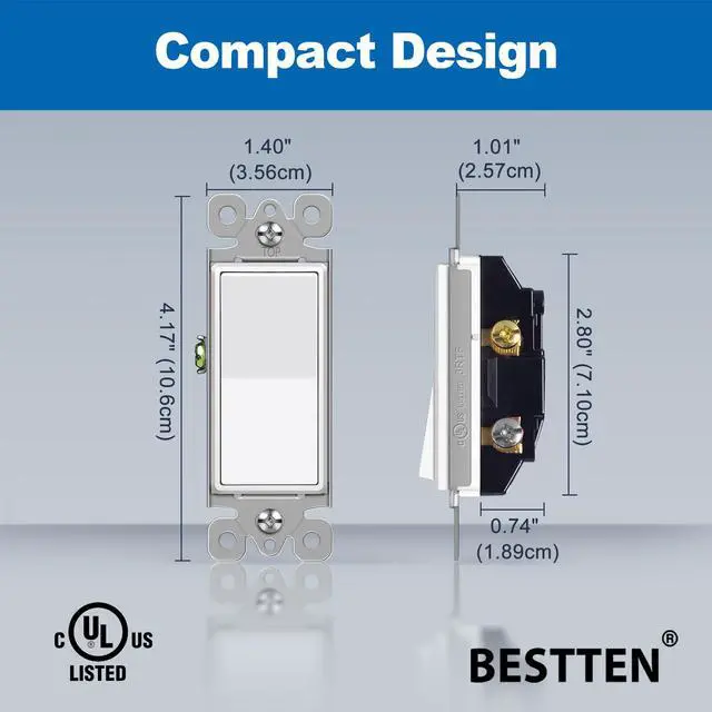 Alt view image 7 of 7 - 10 Pack Single Pole Decorator Wall Light Switch, 15A 120/277V