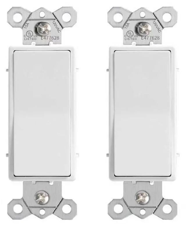 Main image of Single Pole Decorator Light Switch, 15A 120/277V, Paddle Rocker, On/Off Wall Switch, Residential Grade, White, UL/CUL Certified (2-Pack)
