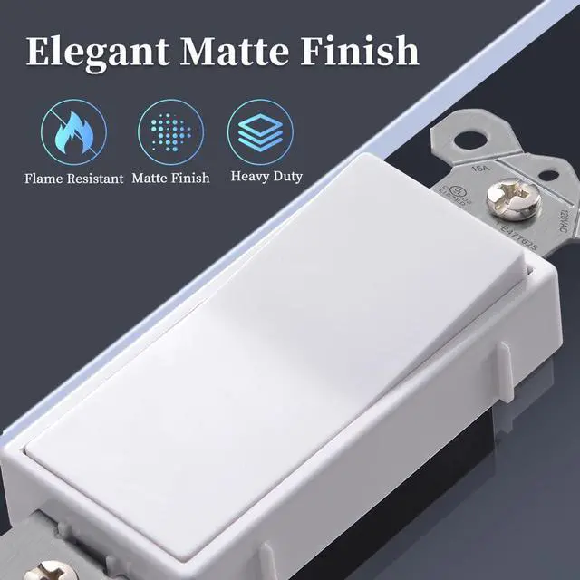 Alt view image 5 of 7 - Single Pole Decorator Light Switch, 15A 120/277V, Paddle Rocker, On/Off Wall Switch, Residential Grade, White, UL/CUL Certified (2-Pack)